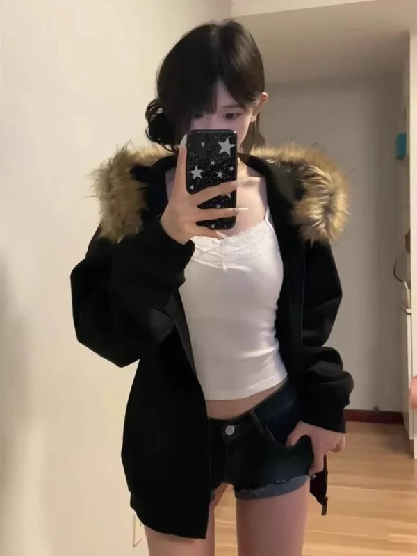 棒球服连帽卫衣女美式复古高街毛领春秋oversize秋冬加厚韩系外套|undefined