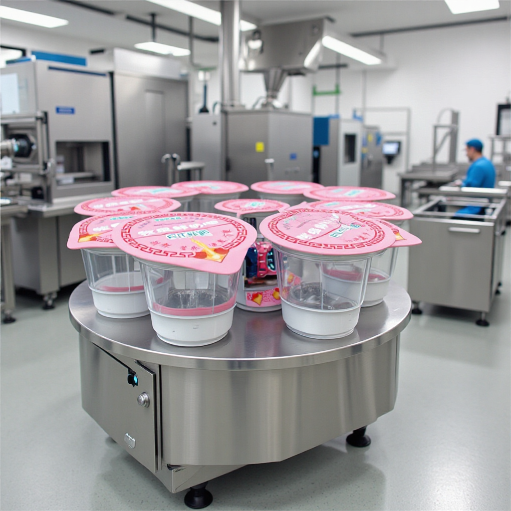 供应连续式杯装酸奶灌装封口机塑料杯巴氏奶自动充填铝箔封口