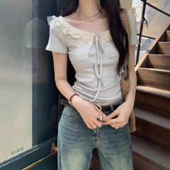 レースの半袖tシャツの女性の夏2025の新型の修身の独特な超美しいショートタイプのきれいで美しい上着