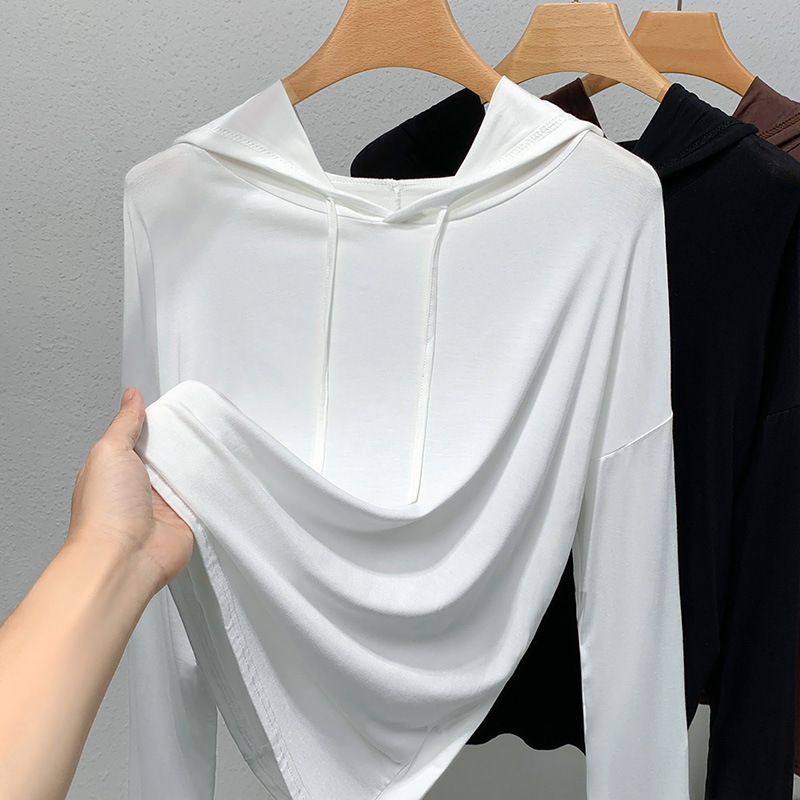 Suéter con capucha negro para mujer Primavera y otoño 2023 nueva ropa de mujer simple moda color sólido manga larga cordón camiseta image 7