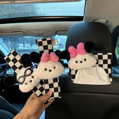 Creative Cute Decoration, Hanging Armrest — Car tissue box/set - bow-tie-pochacco-tissue-box-checkerboard-shoulder-pad-set