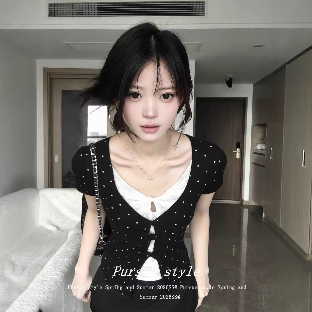 辣妹风黑色波点假两件蕾丝正肩短袖t恤女夏季韩系修身设计感上衣