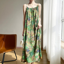 2025年春夏新款云锦缎面圆领吊带连衣裙女气质印花无袖宽松中长裙