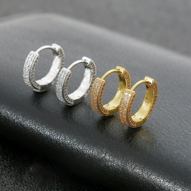 Men's golden sophisticated earrings, European style, diamond encrusted