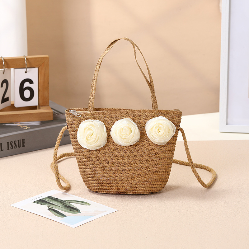 Vacation, Beach Style Women's Straw Color Block Flower Vacation Beach Weave Square Zipper Straw Bag