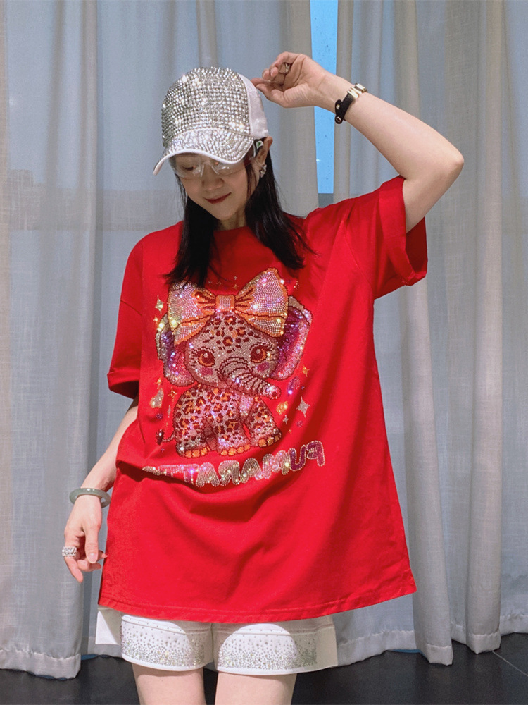 Camiseta de manga corta con diamantes para mujer europea y americana moda de verano suelta versión grande marca de moda de longitud media tops de algodón de diamantes calientes para mujer