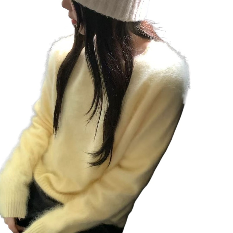 韩系秋款仿貂绒毛茸茸宽松显瘦毛衣女圆领套头针织衫简约基础内搭|undefined