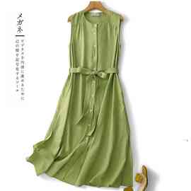 夏季新款浅绿色无袖衬衫连衣裙女度假风亚麻气质中长款绝美长裙