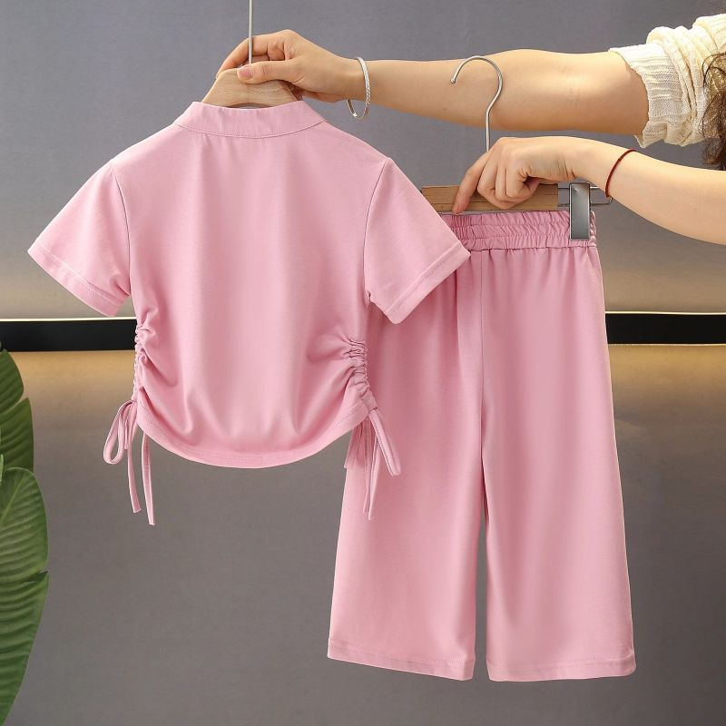 Traje de verano para niñas 2025 nuevo verano para niños nuevos pantalones anchos de manga corta de dos piezas para niñas Traje Tang