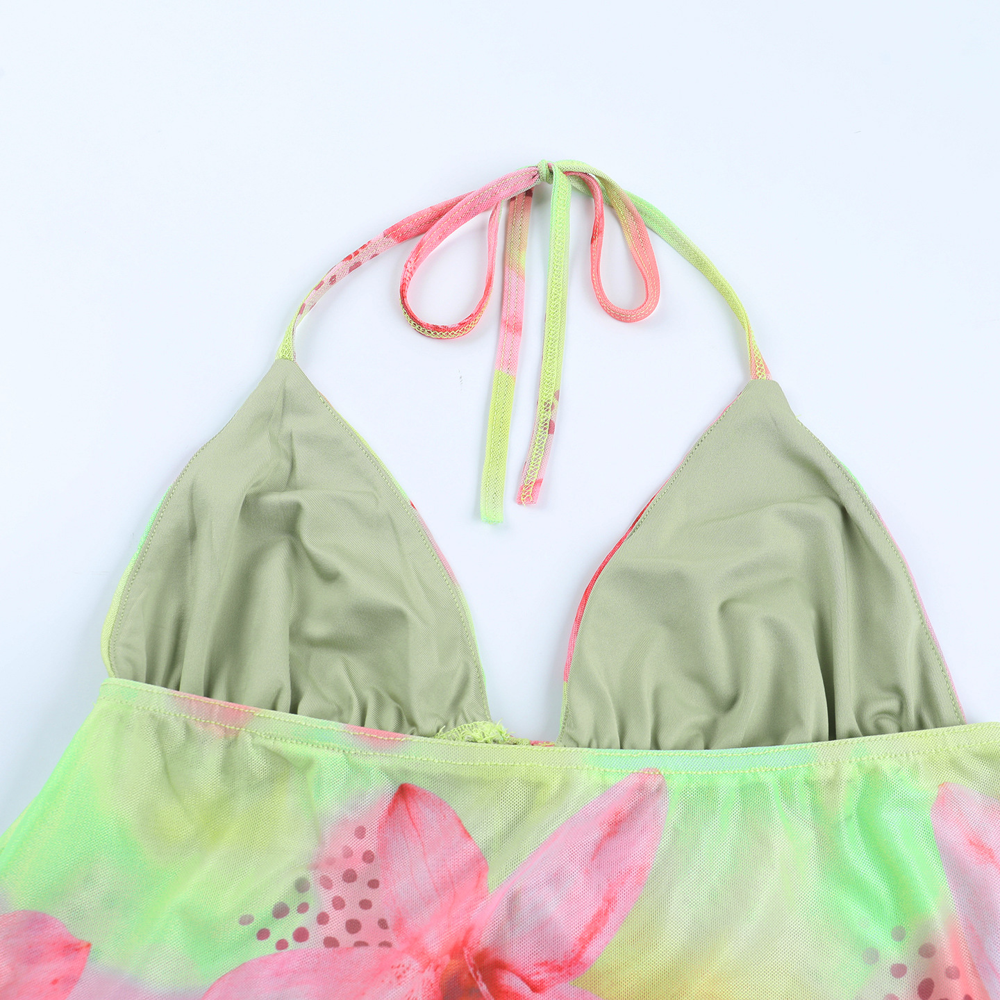 Summer Seaside Vacation Printing Color Contrast Lace up Halterneck Hollow Out Cutout Camisole Women
