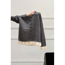 仅用于产品展示勿拍-韩系灰色圆领拼接蕾丝花边下摆针织长袖毛衣