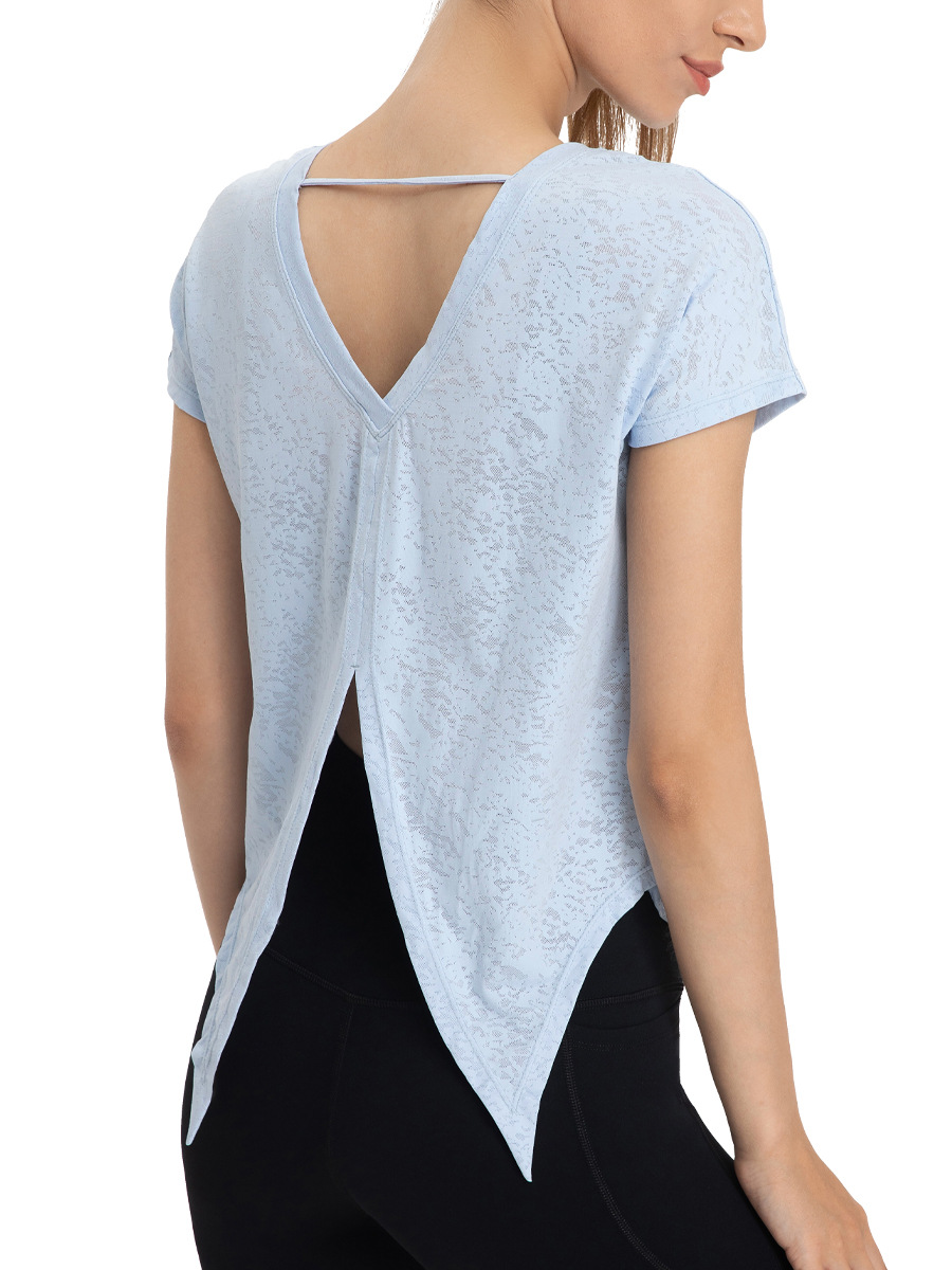 Ropa de Yoga de manga corta deportiva suelta de secado rápido blusa ligera transpirable belleza espalda superior hendidura jacquard fitness camiseta