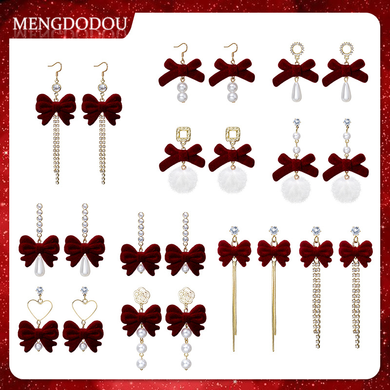 Aguja de plata Otoño e Invierno rojo vintage flocado arco borla pendientes ins Año Nuevo vino rojo Bola de piel pendientes de perlas