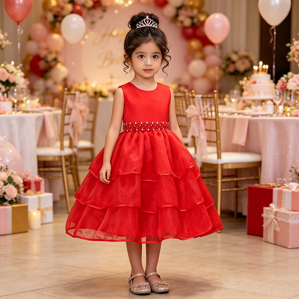 Foreign Trade Summer European and American Girls Princess Dress Children's Hand-stitched Beaded Belt Dress Mesh Flower Girl Wedding Dress