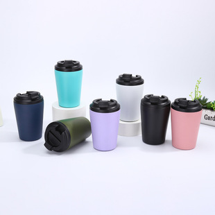Cross-Border American Double-Drink Lid Coffee Cup 304 Stainless Steel Vacuum Insulated Cup Office Portable Direct Drinking Milk Cup