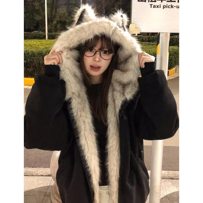 [Cross-Border Foreign Trade Exclusive, Millions in Stock] Zuo Shan Diao Fur Collar Cat Ear Thickened Warm Cotton Coat