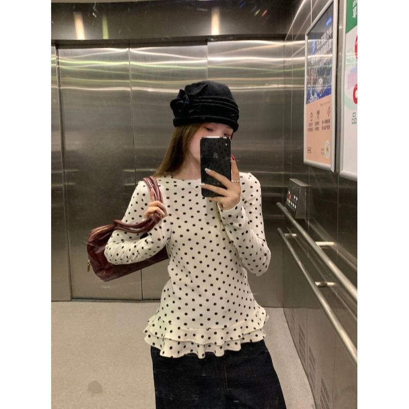 甜美风白色波点长袖T恤女春季气质减龄荷叶边打底衫显瘦内搭上衣|undefined