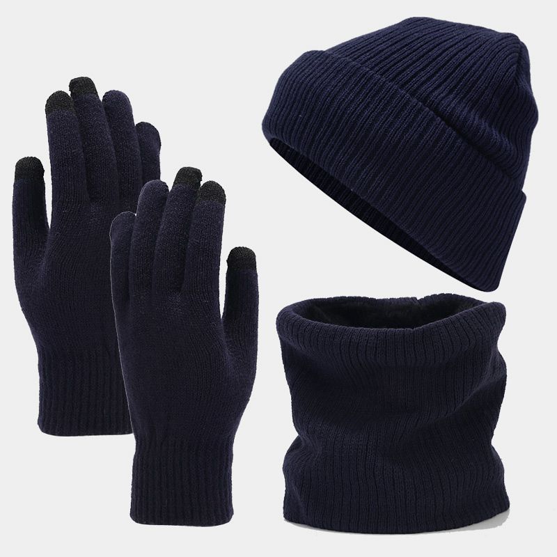 Otoño e Invierno nuevo paño grueso y suave forrado sombrero de punto bufanda guantes traje de tres piezas de esquí a prueba de frío de los hombres y las mujeres traje caliente