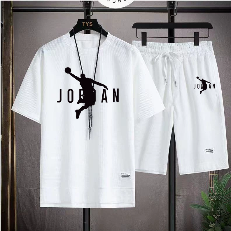Мужской спортивный костюм оптом, летний, свободный, короткий рукав, шорты, вафельная ткань, двухкомпонентный комплект, футболка с коротким рукавом
