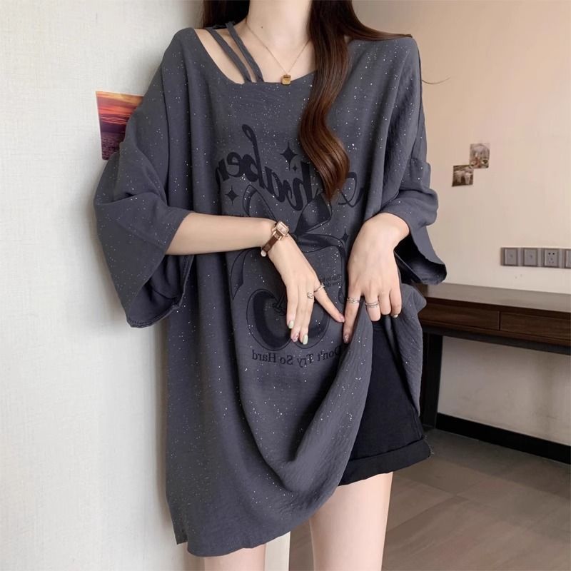 ファットmmフレンチスパンコール半袖Tシャツ大きいサイズレディース夏痩身ミドル丈ゆったりお尻カバートップス150kg|undefined