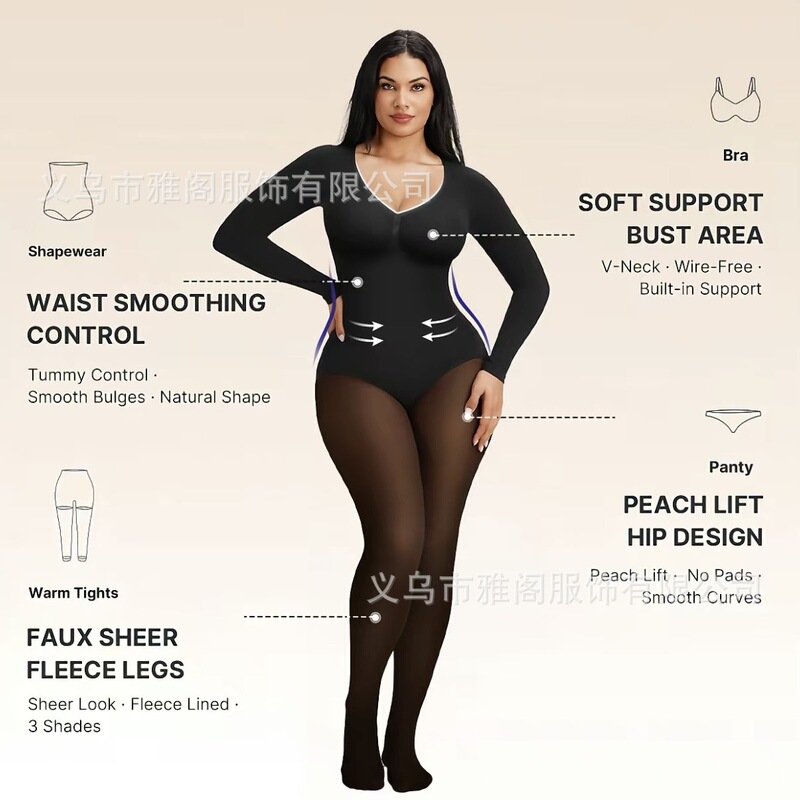 Cross-border TK autumn and winter long-sleeved shaping bodysuit with tummy control, fleece-lined, open-crotch design, hip-lifting, and body-shaping lingerie