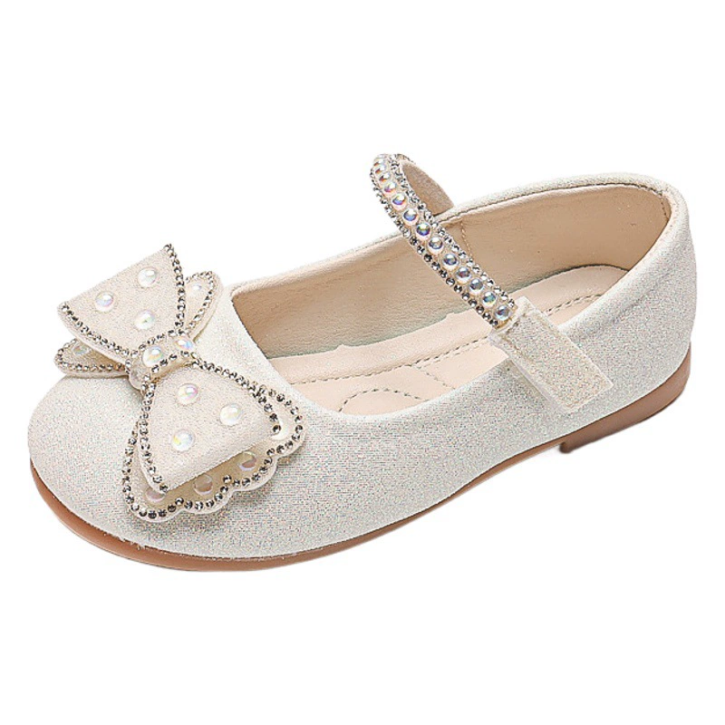 Детские кожаные туфли для девочек, весна-осень 2025, новая модель, мягкая подошва, с кристаллами, туфли-принцессы, балетки с бантом