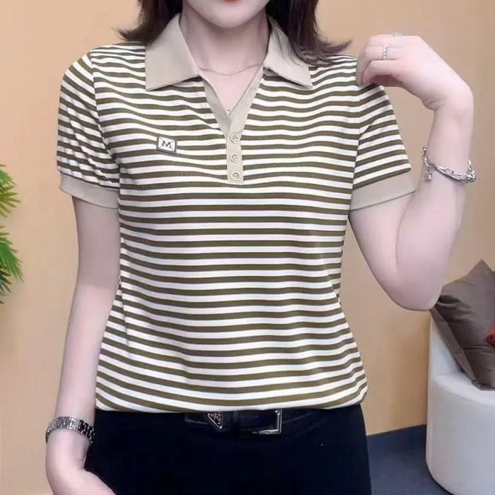 High-end ice silk summer T-shirt, short-sleeved women's casual, stylish, youthful, and slimming striped top for middle-aged mothers.