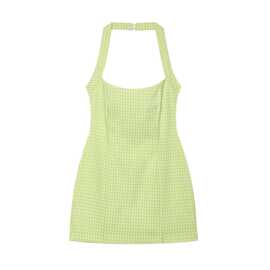 速卖通批发夏季新款女装小格纹挂脖领无袖露背短款连衣裙3152397
