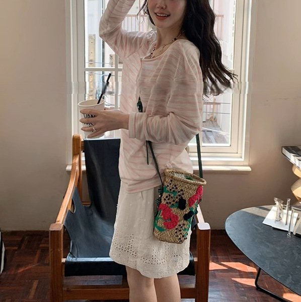 韓国シックなピンクのストライプのサスペンダートップ女性の夏の日焼け止めブラウス長袖Tシャツ薄手|undefined