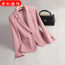 粉色毛呢休闲西装外套女秋冬2024新款小个子气质休闲羊毛西服上衣