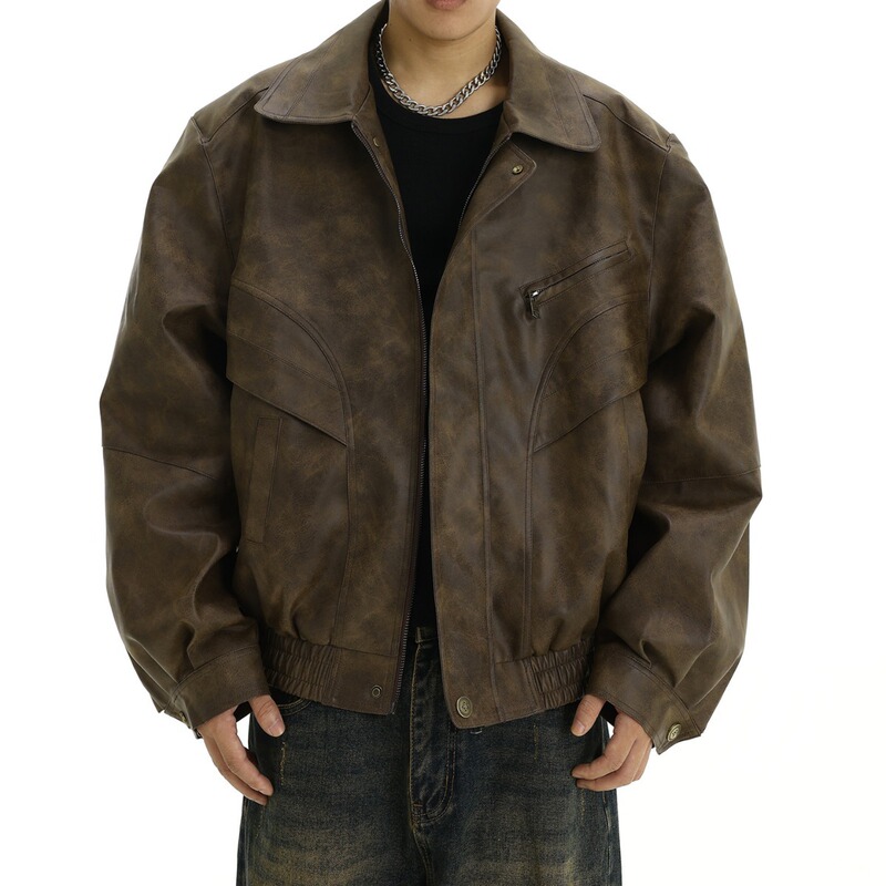 American Style Retro Brown Old Leather Jacket Men's Trendy Brand Plankton Handsome Design Sense Niche Couple's Casual Lapel Jacket American Style Retro Brown Old Leather Jacket Men's Trendy Brand Plankton Handsome Design Sense Niche Couple's Casual Lapel Jacket