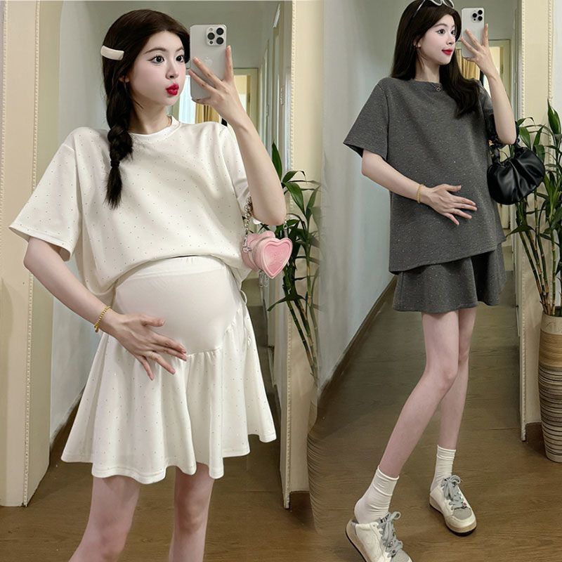 Maternity Set 2026 New Stylish and Fashionable Gray Casual Sports Short-Sleeve Shorts and Skirt Two-Piece Set for Summer Women