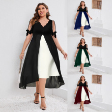 2023春夏跨境新款亚马逊大码女装V领拼接假两件不规则中袖连衣裙