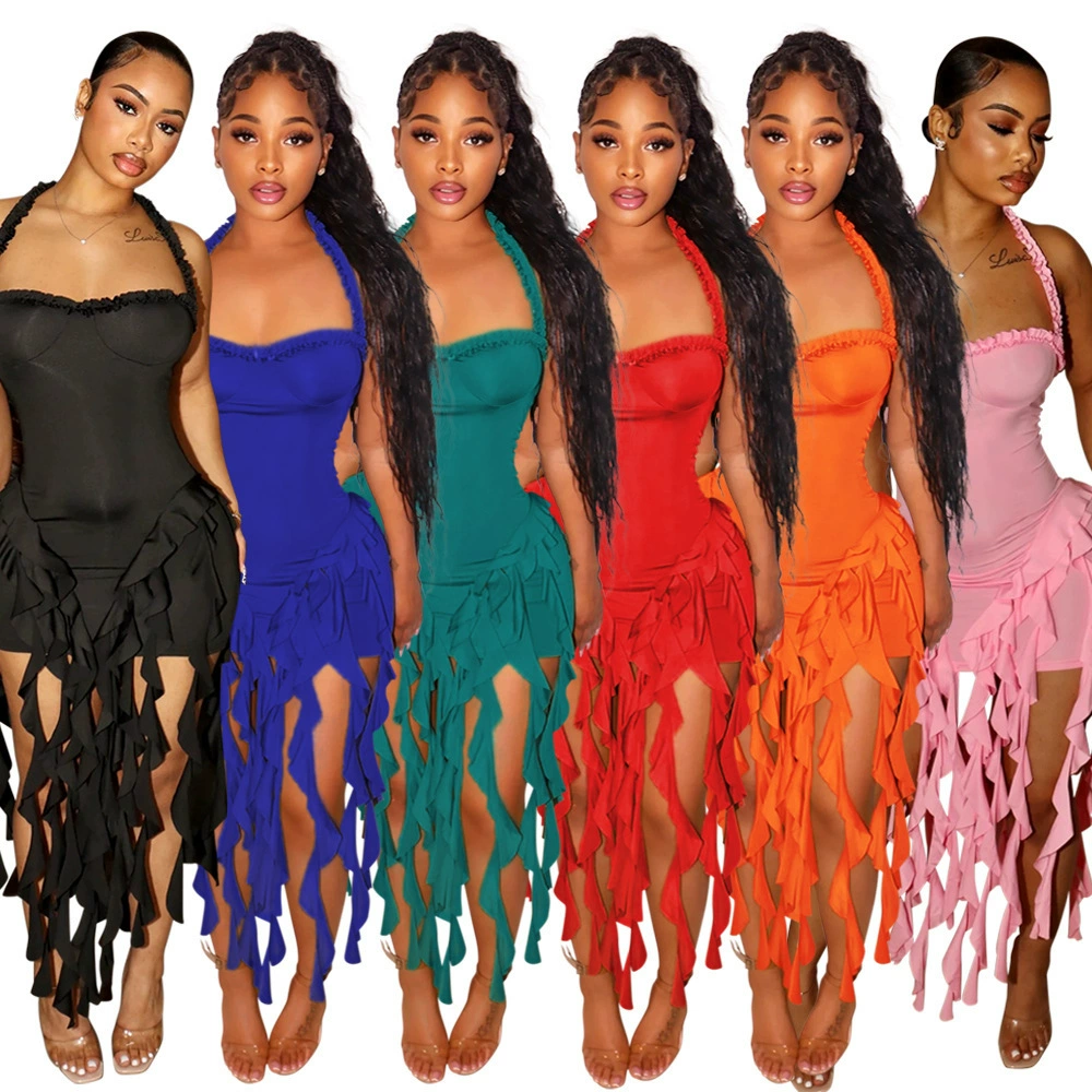 Европейское и американское сплошное платье с бахроной шеей и бедрами женское Amazon внешняя торговля новое модное платье