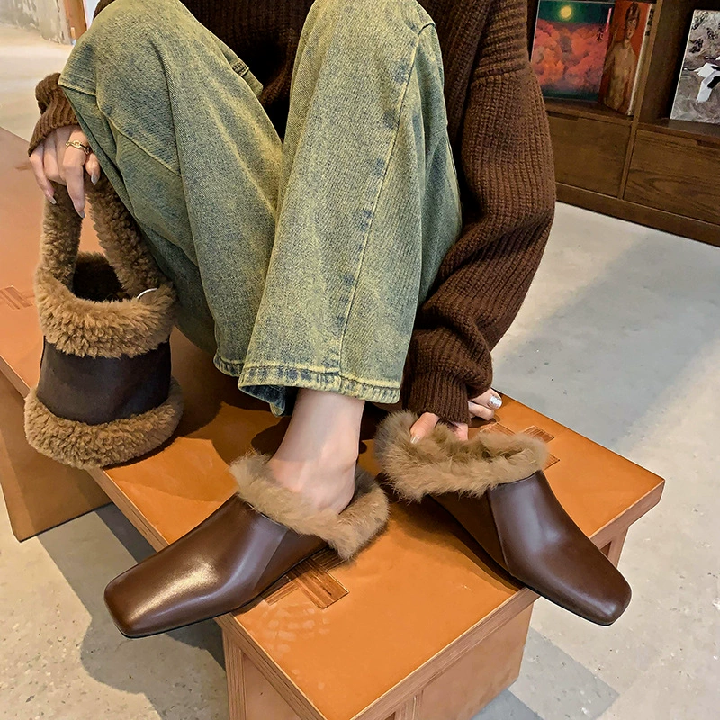 Натуральная кожа французский стиль Интернет красные слипоны плюшевые туфли квадратный носок плоские туфли Мюллер закрытый носок половина тапочки для женщин Зимняя одежда на флисовой подкладке