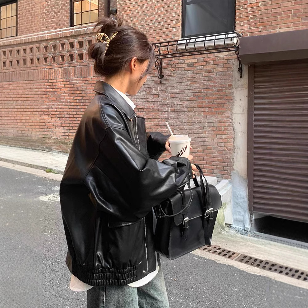 Brown Imitation Leather Jacket Women's Hong Kong-style 2024 New Autumn High-grade Loose American Vintage Motorcycle Jacket Top