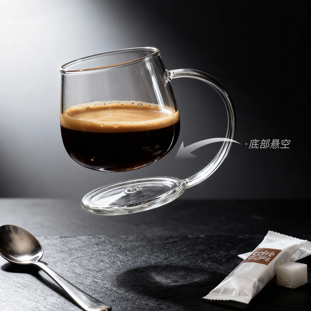 Taza de vidrio flotante creativa de alto valor facial taza de menú con mango de alta resistencia a la temperatura de silicona taza de agua casera taza de café