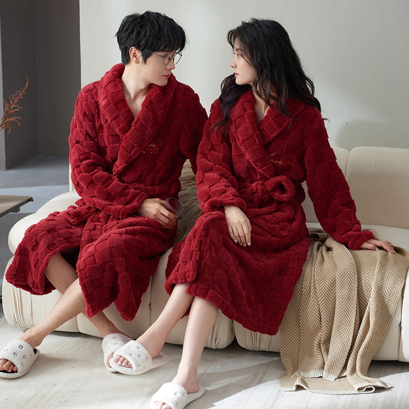 Pareja camisón de invierno de las mujeres de coral de lana engrosada forrado de lana más tamaño suelto rojo boda casual hombres Albornoz