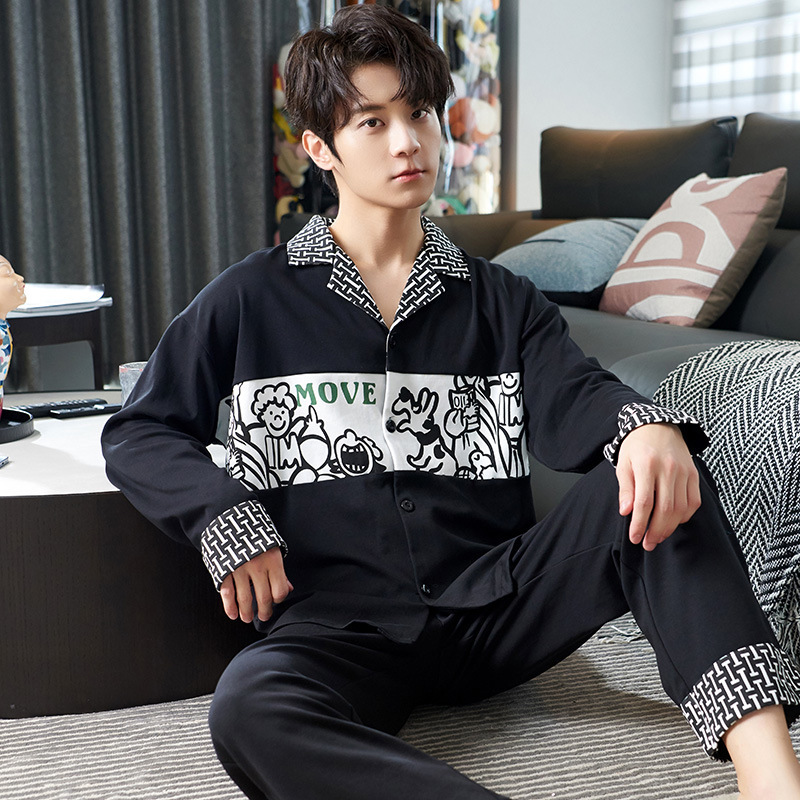 (2개) 남성 잠옷 코튼 긴팔 봄, 가을 남성 여름 얇은 느슨한 겨울 대형 홈웨어 캐주얼 슈트
