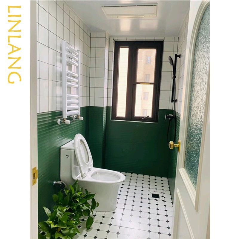 Nordic dark green wall tile bathroom tile with bathroom non-slip black and white plaid floor tile striped wave wall tile