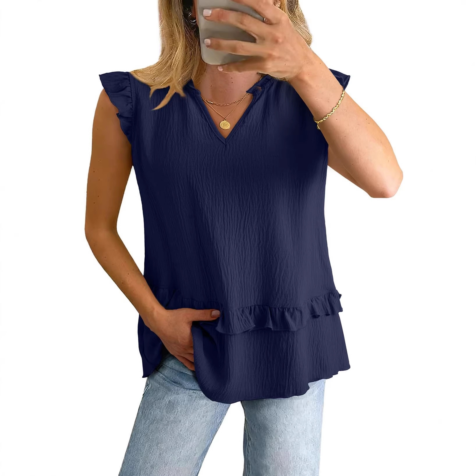 Women's Sleeveless V-Neck Blouse With Ruffle Trim, Flowy Relaxed Fit Casual Shirt For Summer Versatile And Easy To Wear_ecoleips.com
