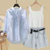 1303 white vest + blue shirt + blue shorts
