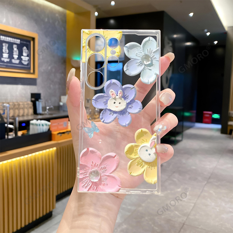 Tm List Oil Painting Flowers Rabbit Samsung S21Plus Transparent Phone Case Galaxy S24 Ultra Protective Cover