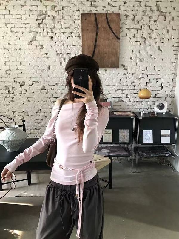 韩系辣妹斜肩设计感长袖t恤女2025秋季新款收腰修身显瘦腰绳上衣|undefined