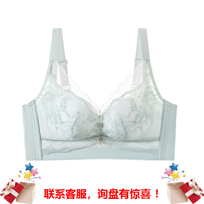 新款蕾丝小胸聚拢桑蚕丝托玛琳滑滑杯无钢圈收副乳无磁调整型文胸
