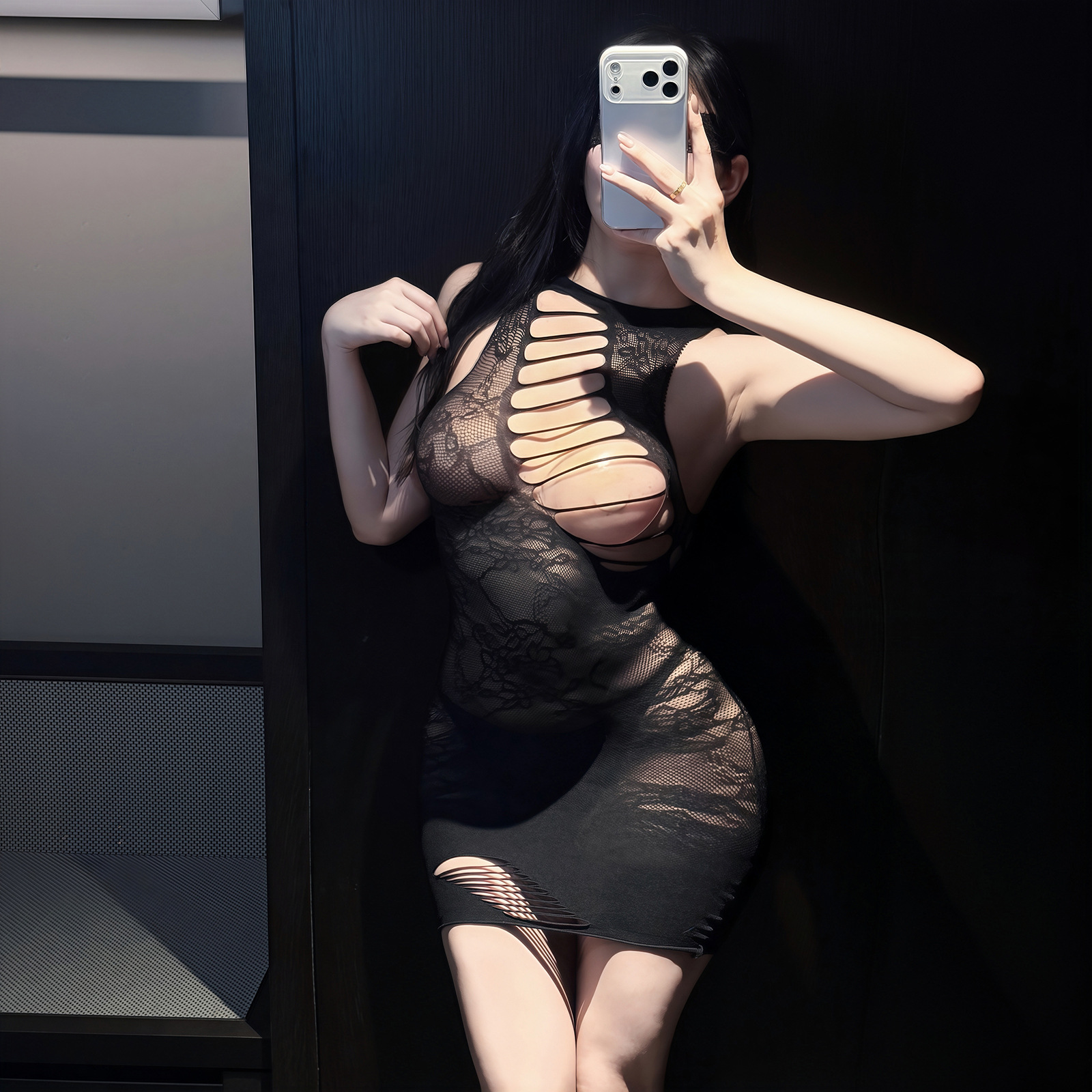 Sheer Jacquard Mesh Lingerie Set with Bodycon Skirt and Hand-Torn Detail, Black One Size — detail image 3