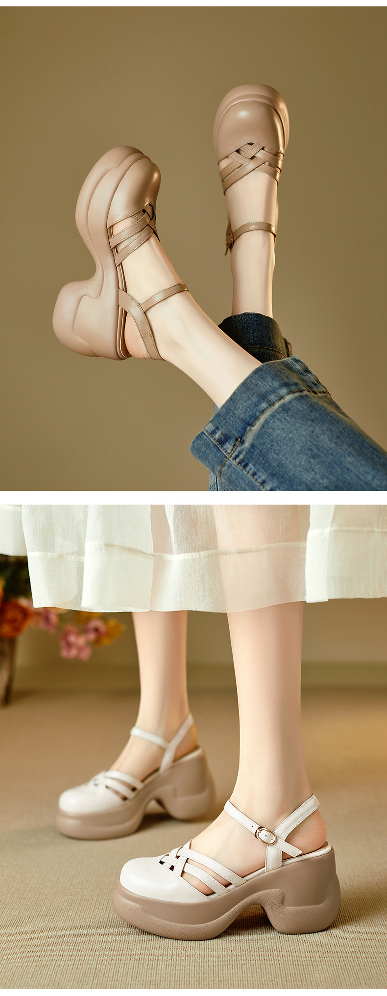 Sandal nữ quai chữ V đế bánh xốp dày dệt lồng phong cách La Mã — màu trắng ngà chi tiết 6