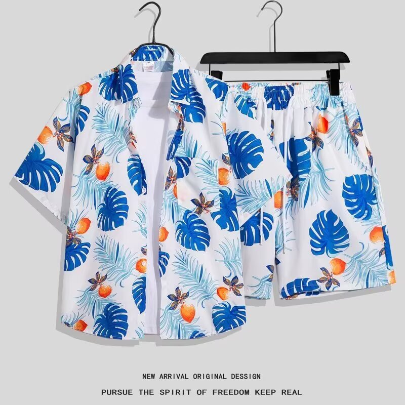 아이스 실크 꽃 셔츠 남성용 여름 저렴한 반팔 세트 Plagi 핸섬 패션 하와이 해변 바지 셔츠