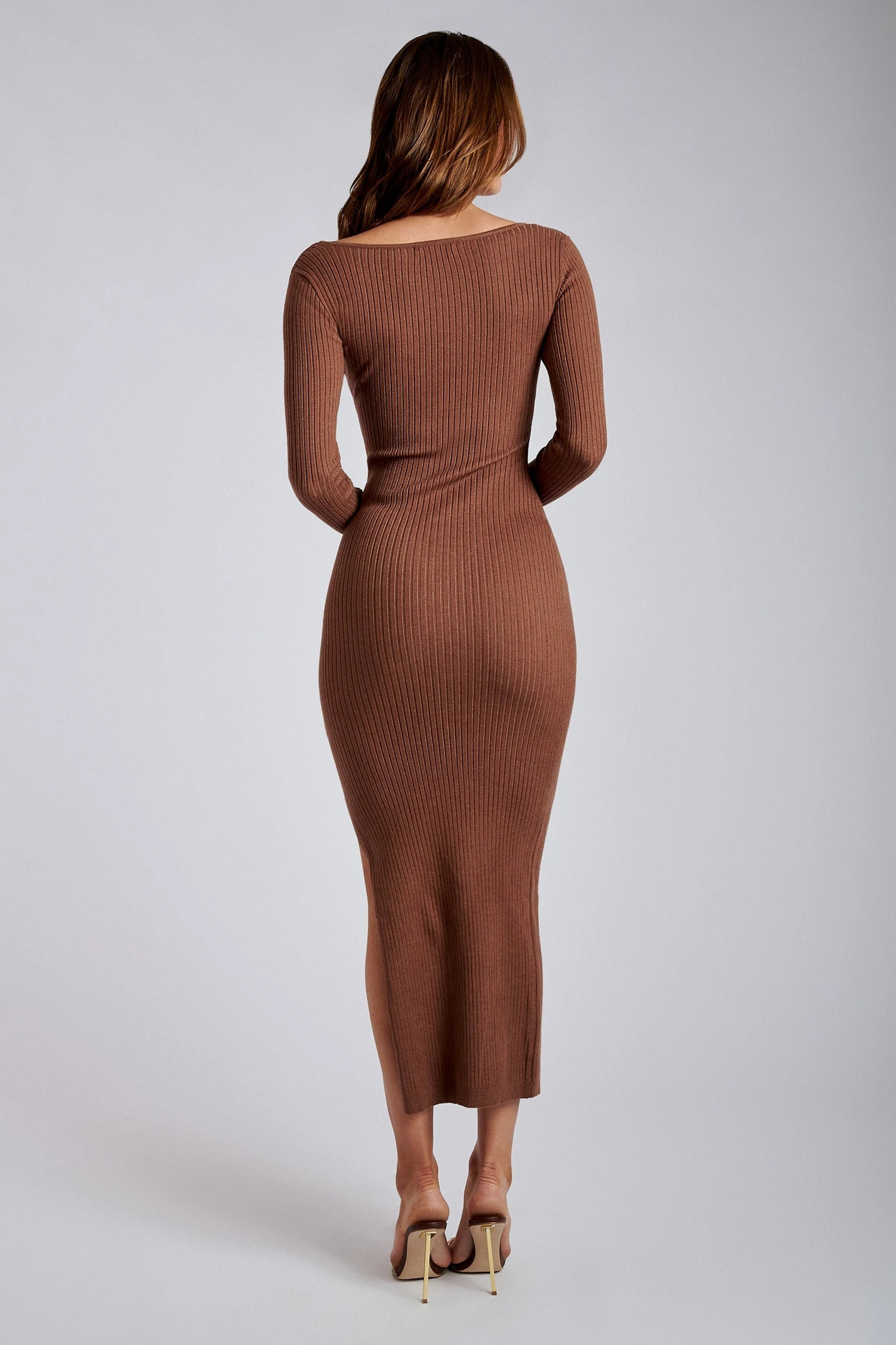 Low-Cut Slit Long-Sleeved Slim Solid Color Knitted Dress NSHT116920