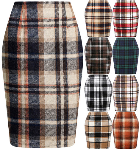 Best Selling Independent Station Women's Pencil Skirt Grid Skirt Autumn/Winter High-Waisted Tight Knee-Length Wool Medium-Length Skirt